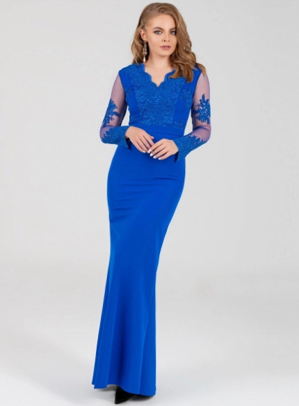 Синее платье по фигуре с кружевным верхом и длинными рукавами