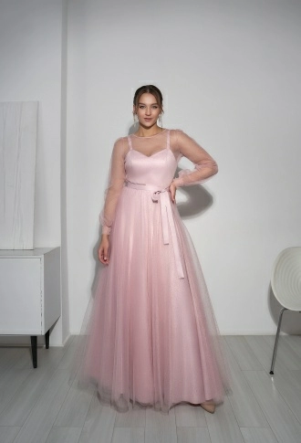 Розовое платье 2 в 1. Блестящее фатиновая накидка с рукавами, атласное платье на лямочках