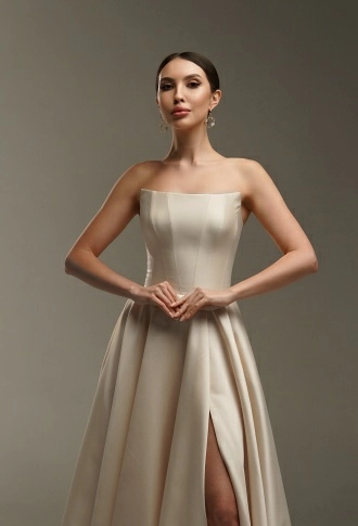 Бежевое атласное платье миди с рукавами из органзы