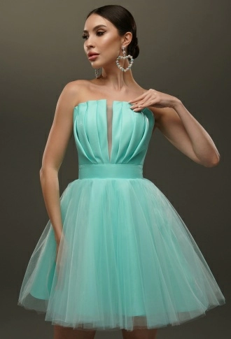 Бирюзовое платье мини с фатиновой юбкой и атласным лифом Бирюзовое платье мини с фатиновой юбкой и атласным лифом