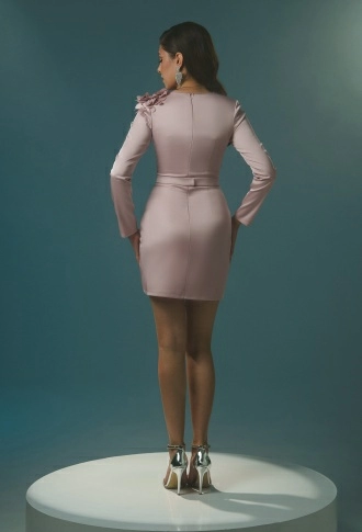 Пудровое платье мини по фигуре с длинными рукавами