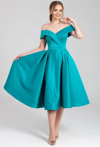 Атласное платье миди со спущенными плечами - морская волна Атласное платье миди со спущенными плечами - морская волна