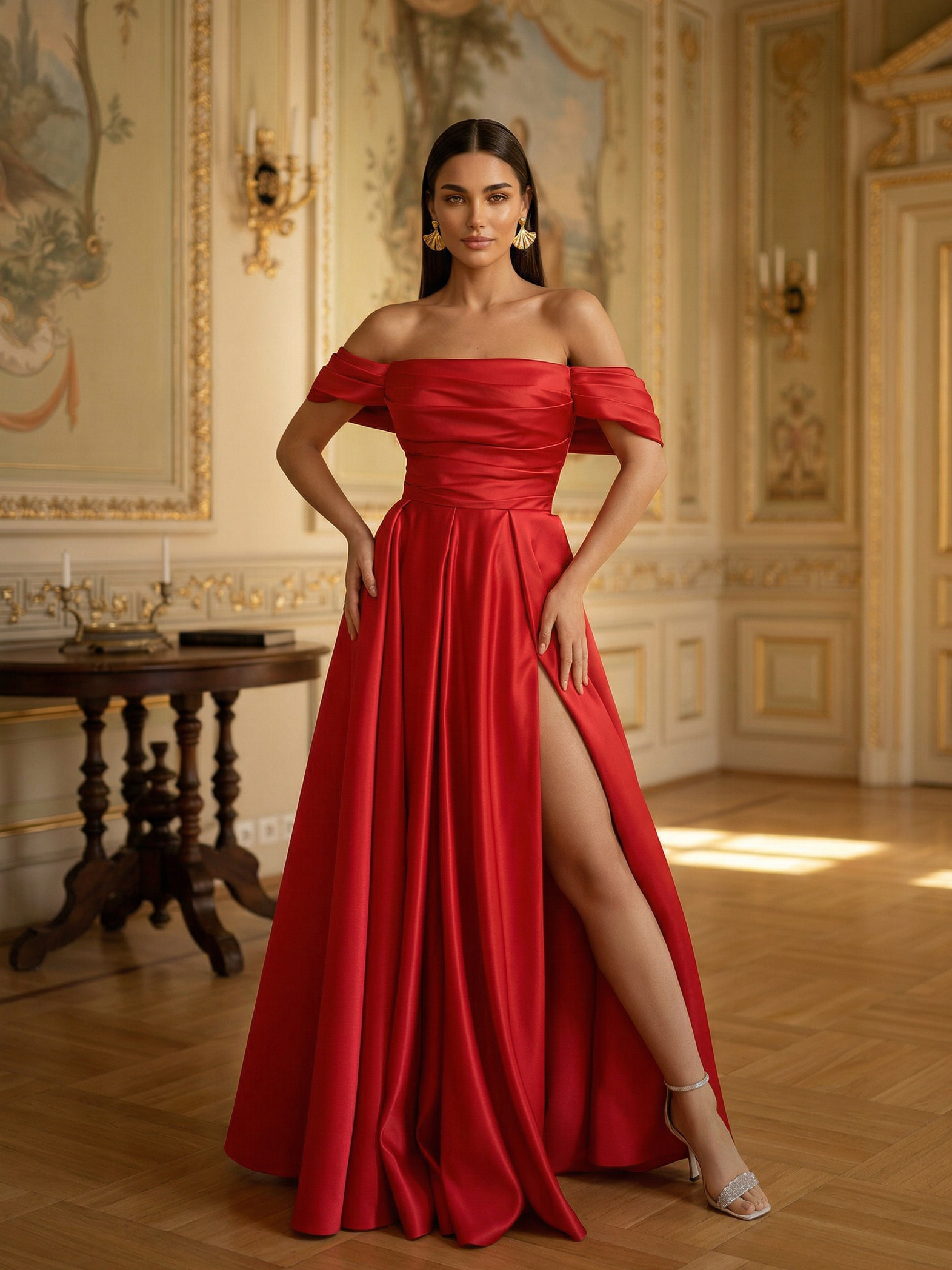 Красное атласное платье макси с открытыми плечами и разрезом