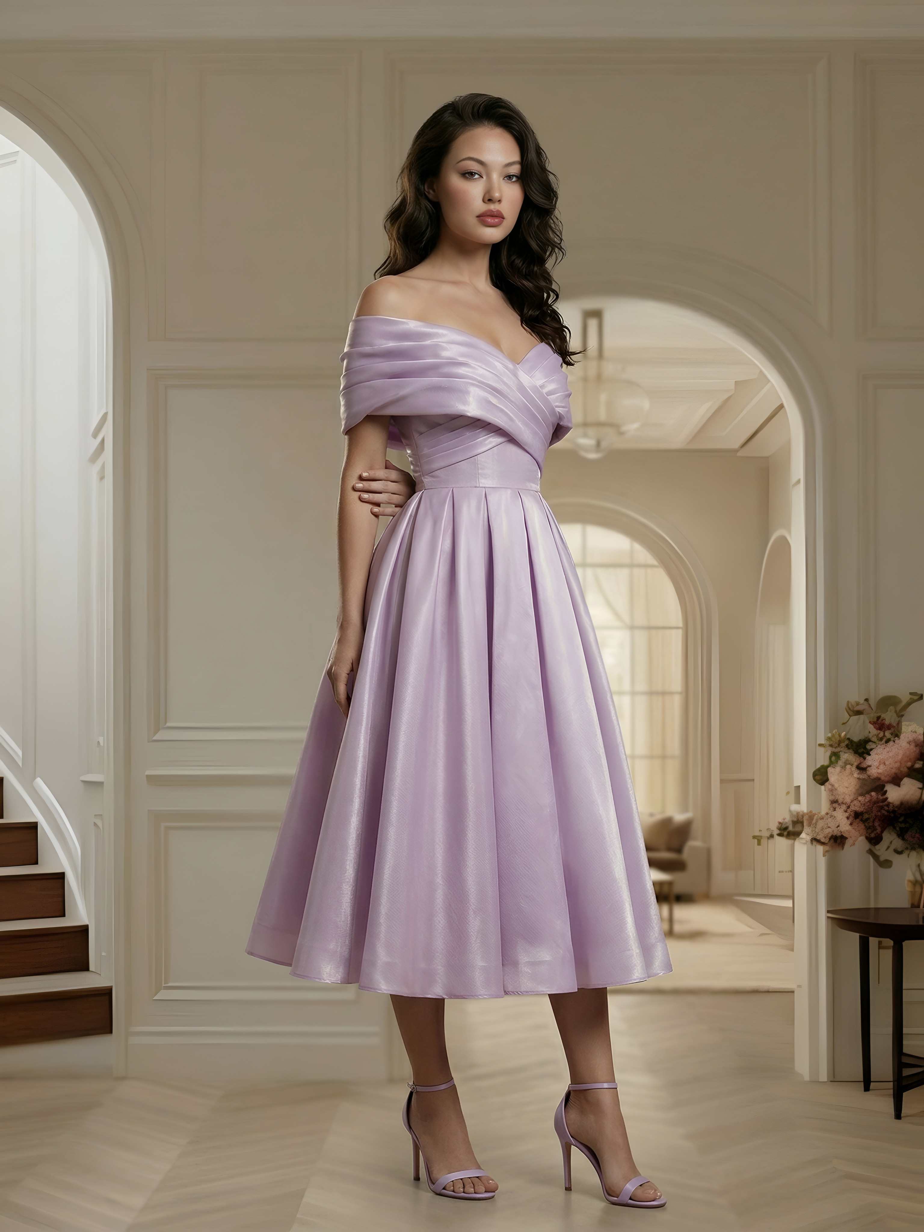 Лавандовое платье миди А-силуэта с мерцающим эффектом