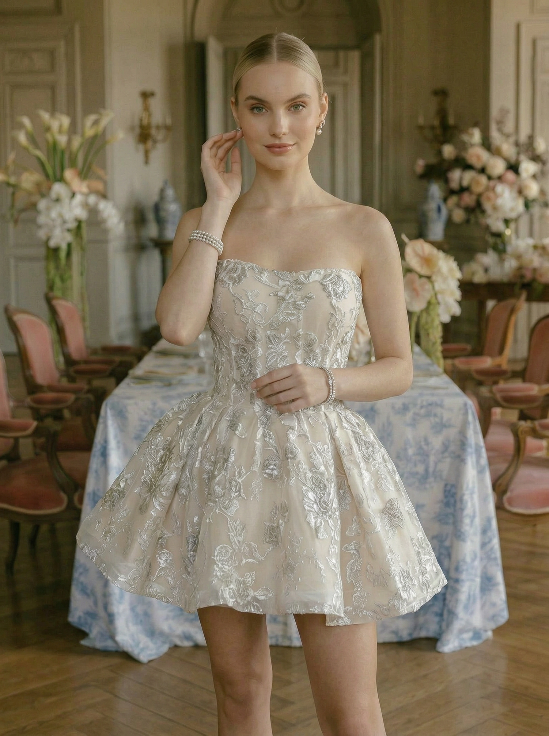 Короткое бежевое платье с корсетным верхом и пышной юбкой