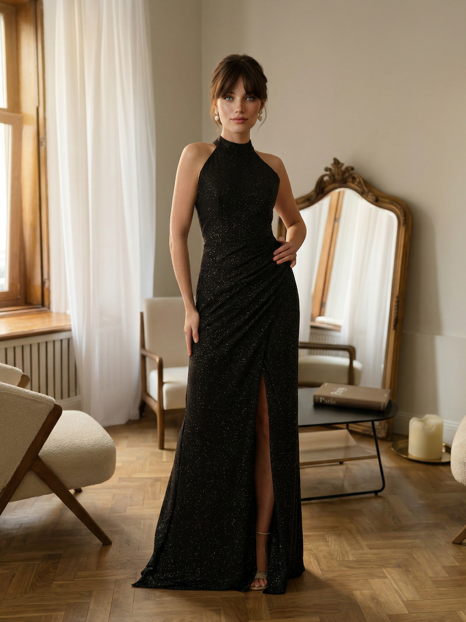 Чёрное вечернее платье с разрезом и высоким воротом