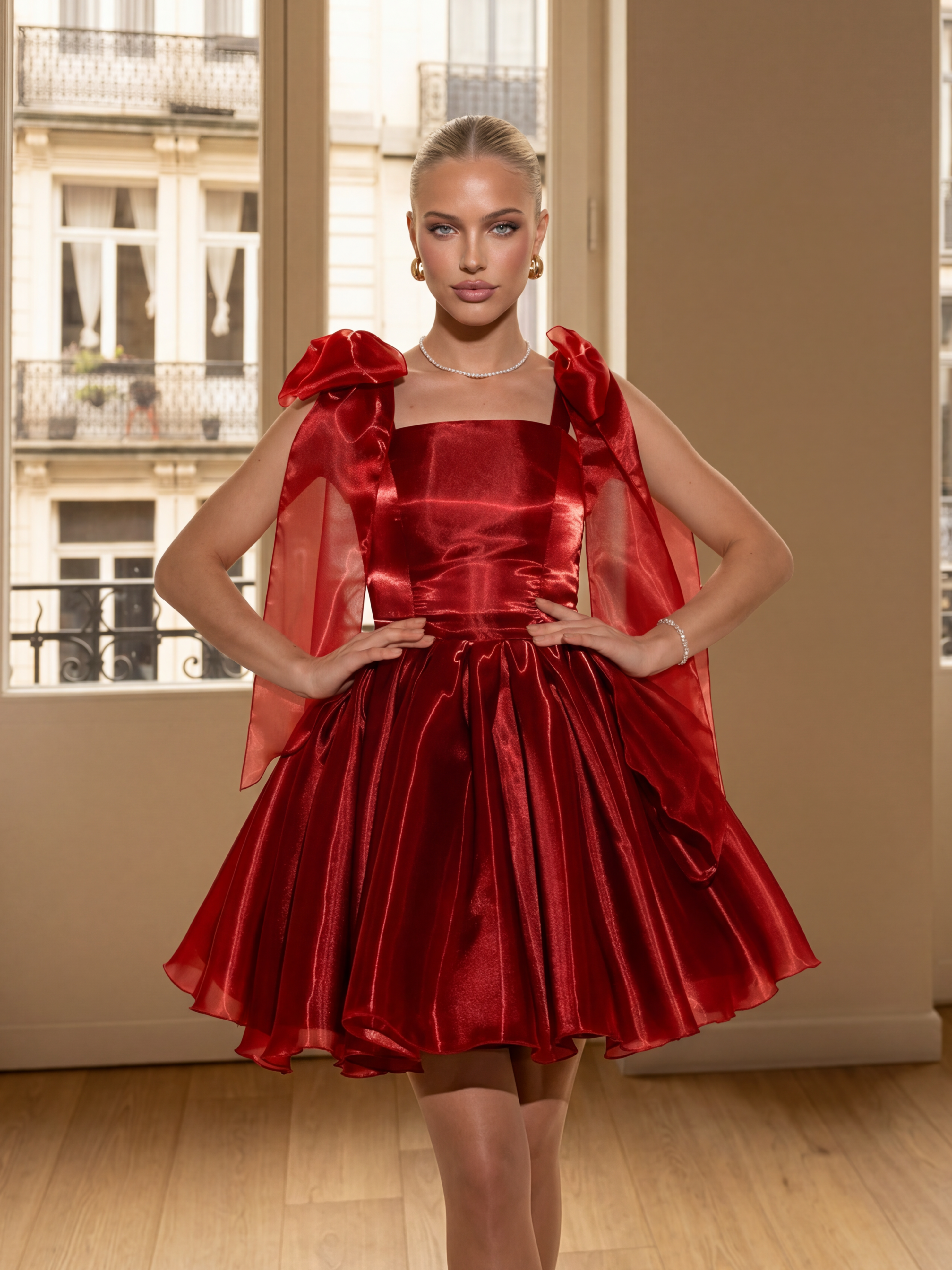 Красное платье мини с пышной юбкой и декоративными бантами на плечах