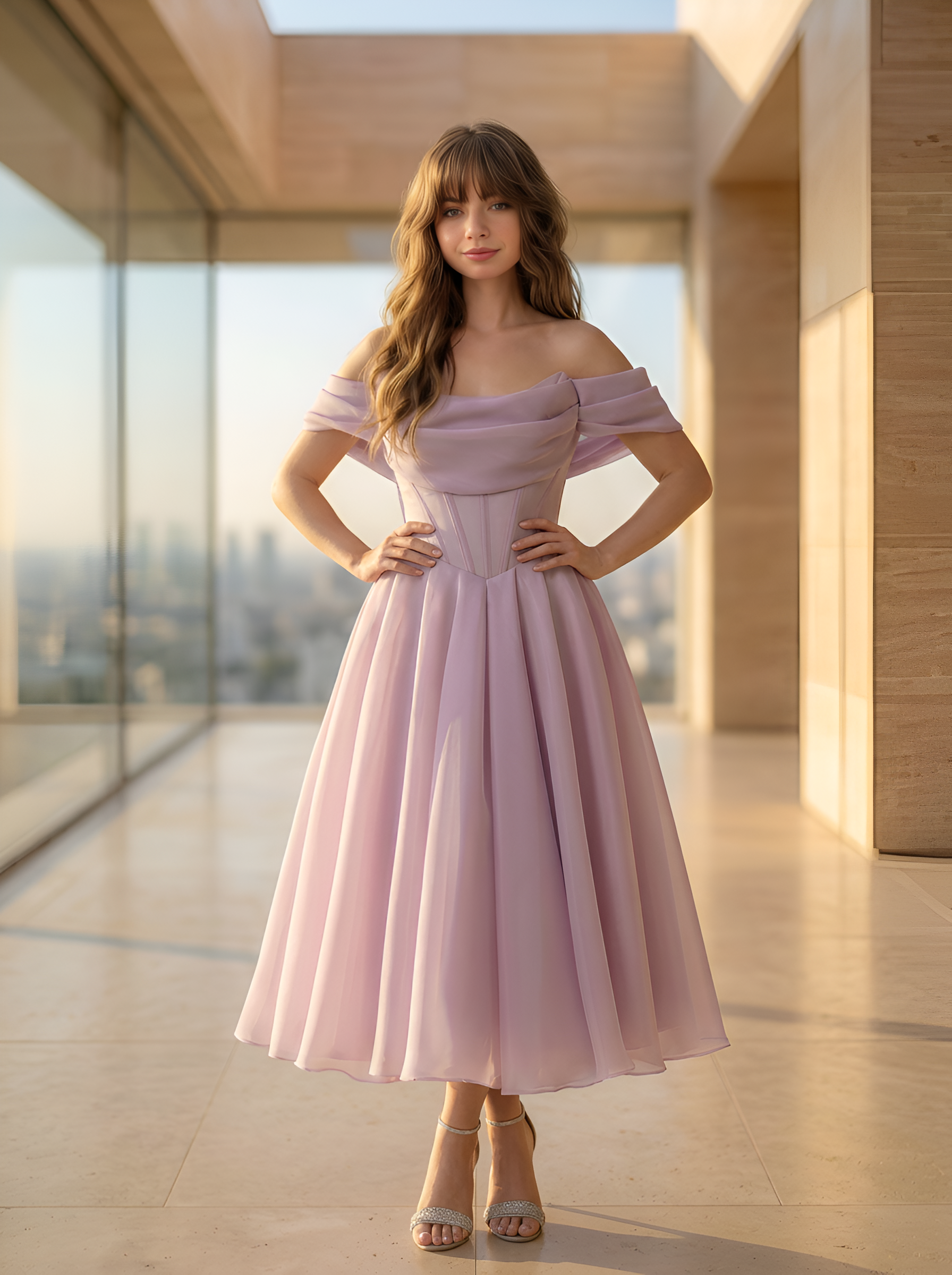 Пудровое платье со спущенными плечами а-силуэт