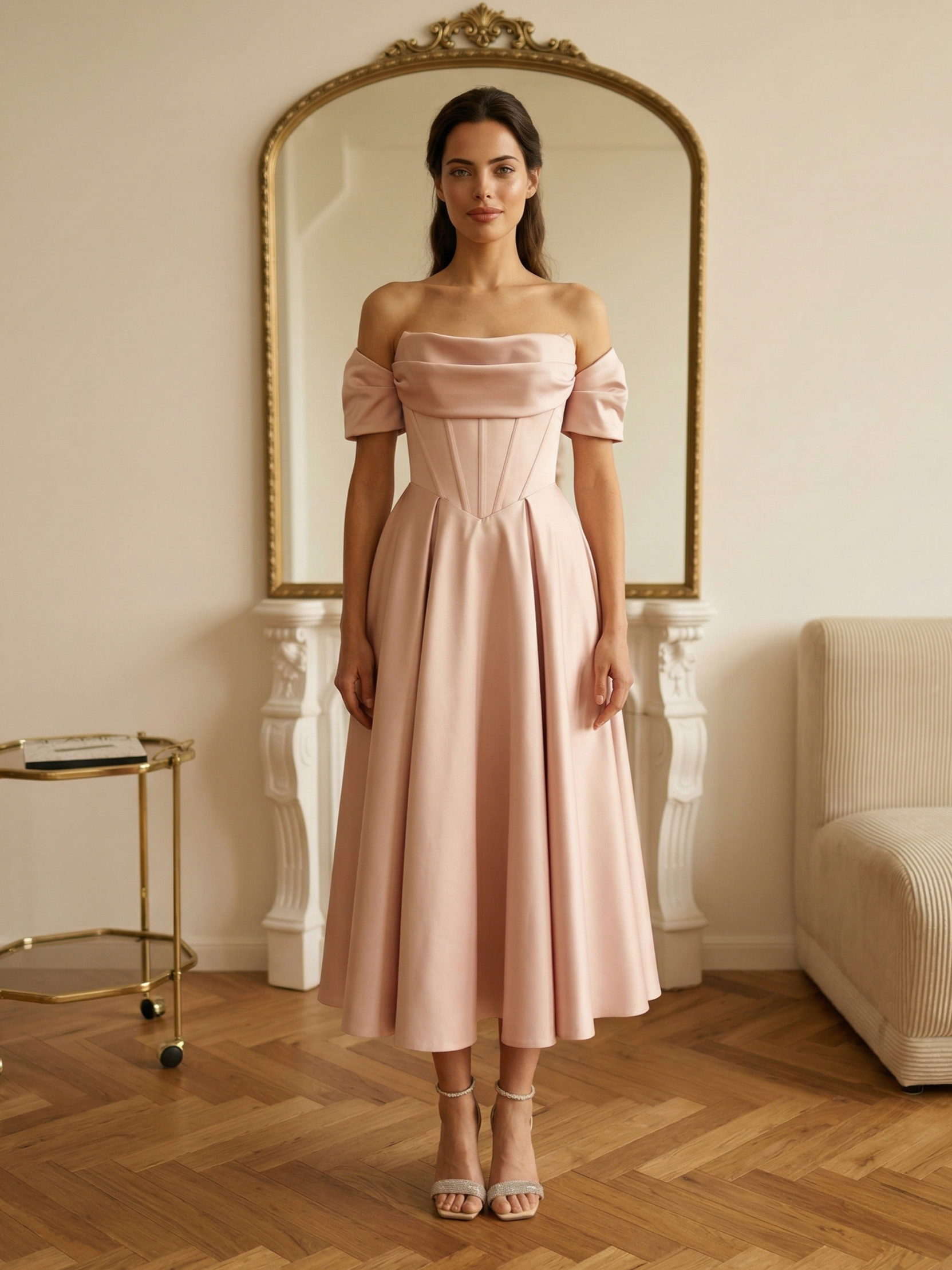 Пудрово-розовое платье миди А-силуэта с корсетным лифом и спущенными рукавами