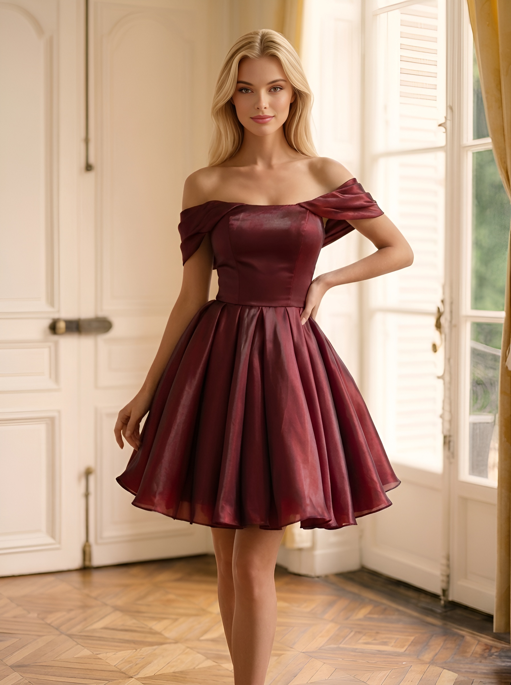 Красное пышное платье мини со спущенными плечами