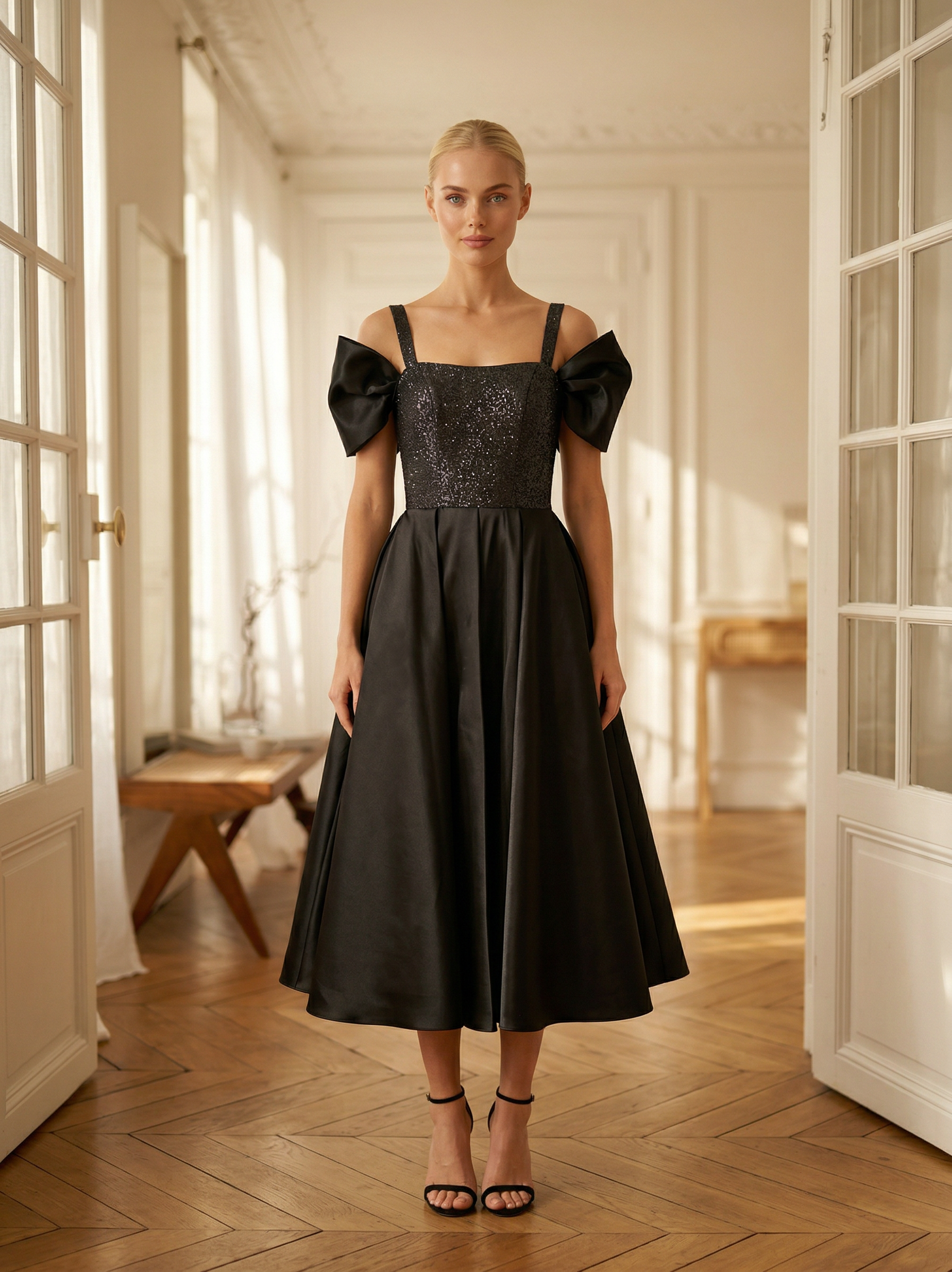 Черное платье миди с пайеточным лифом и объемными бантами на плечах