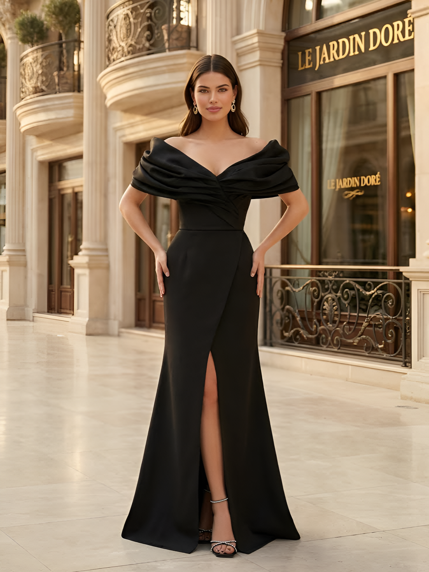 Чёрное платье по фигуре с разрезом на ноге и объёмными спущенными плечами