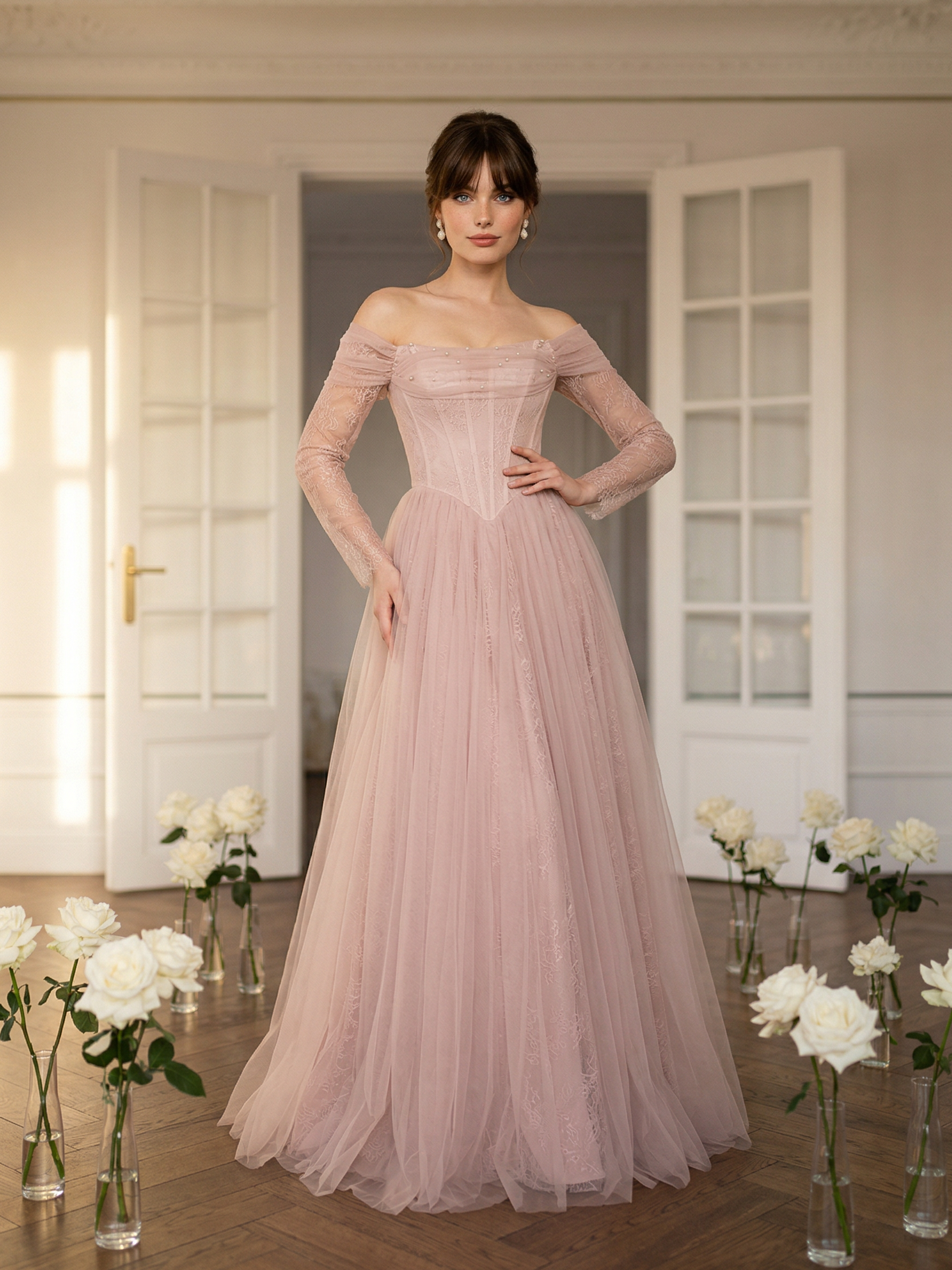 Розовое платье с корсетом и кружевными рукавами