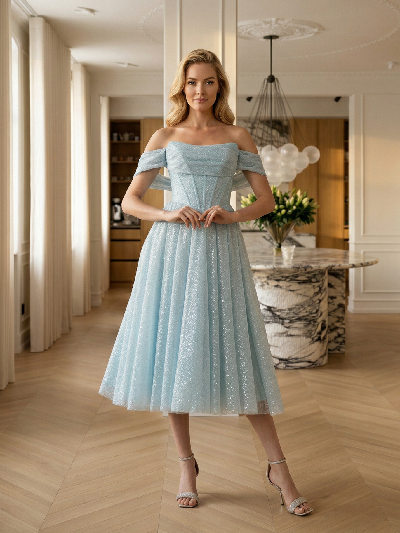 Голубое блестящее платье миди с открытыми плечами и пышной юбкой