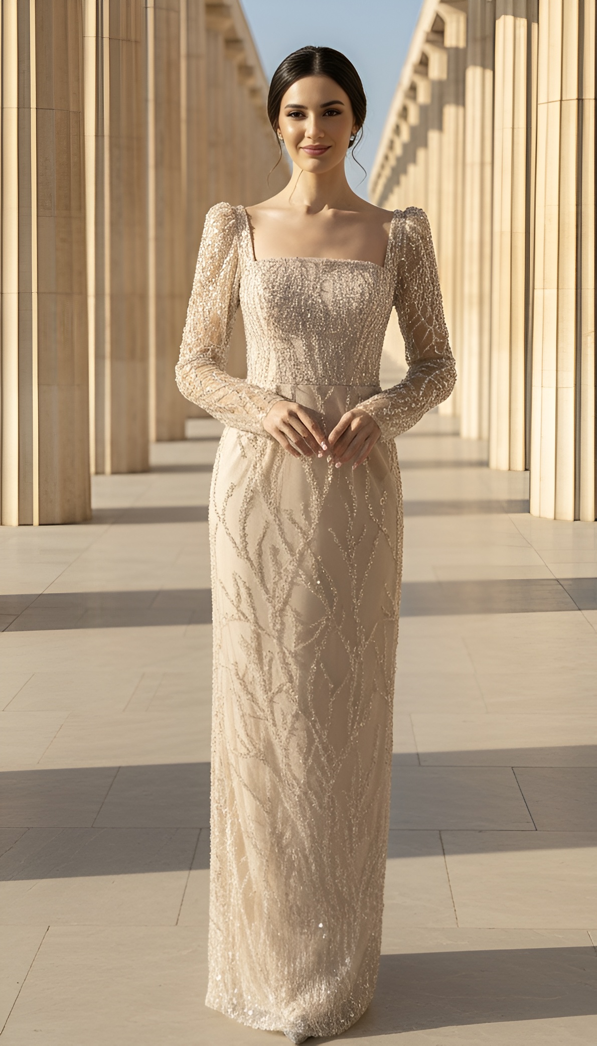 Бежевое платье из бисера с рукавами