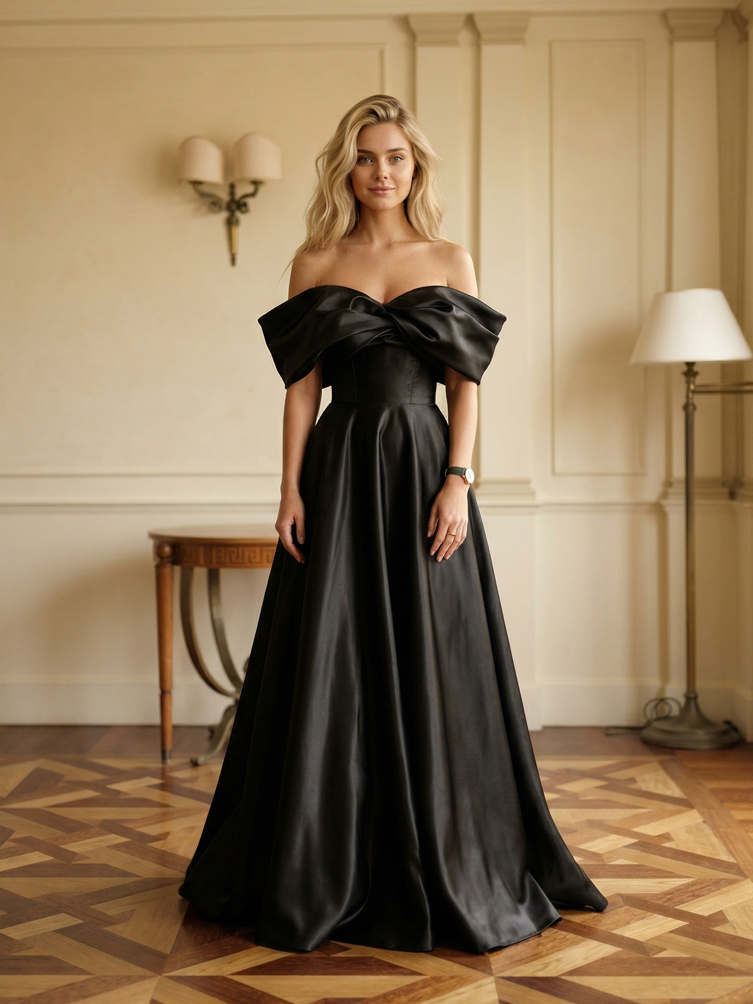 Чёрное вечернее платье в пол из блестящей органзы