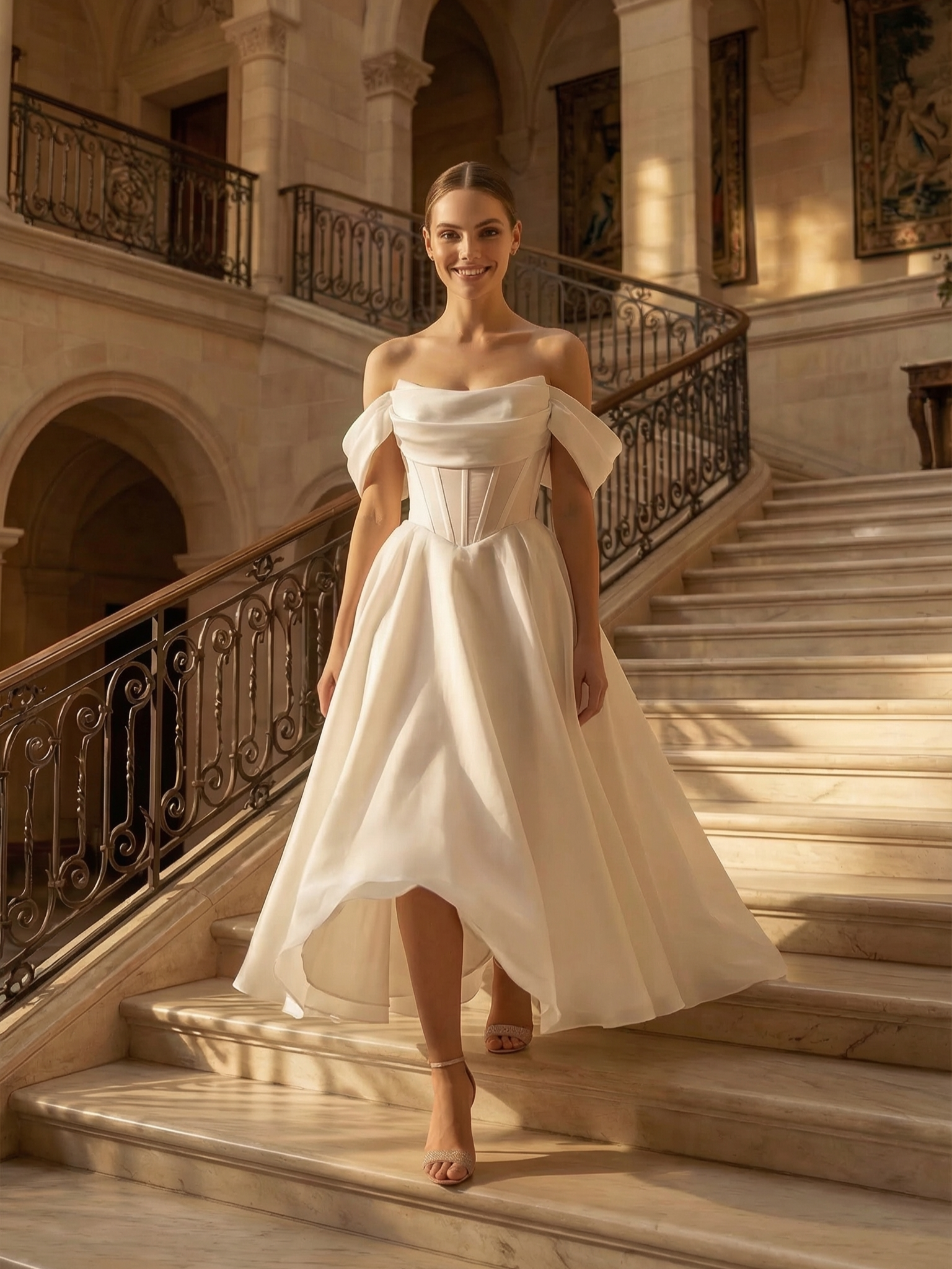 Белое платье со спущенными плечами а-силуэт