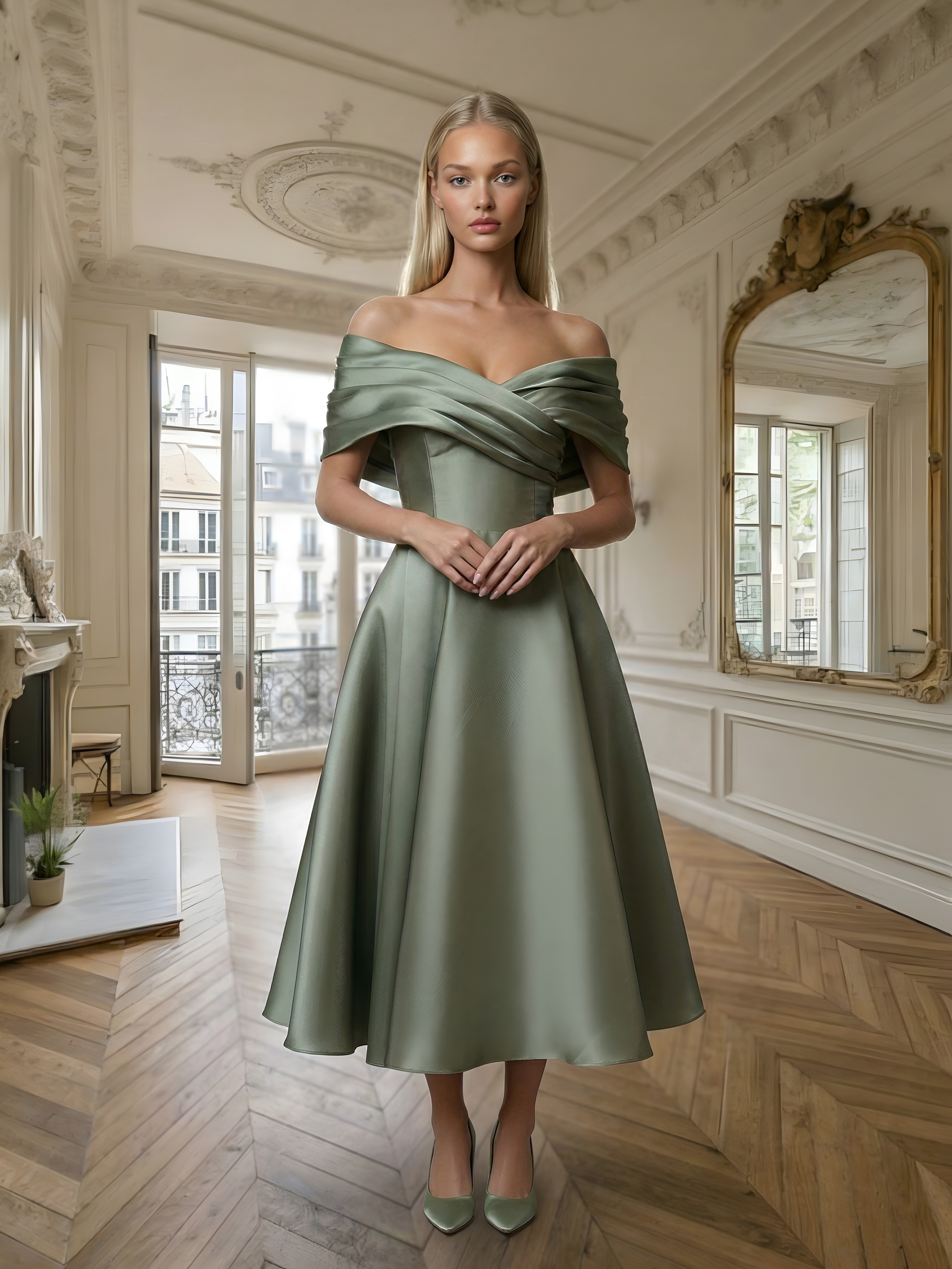 Оливковое платье миди А-силуэта с мерцающим эффектом