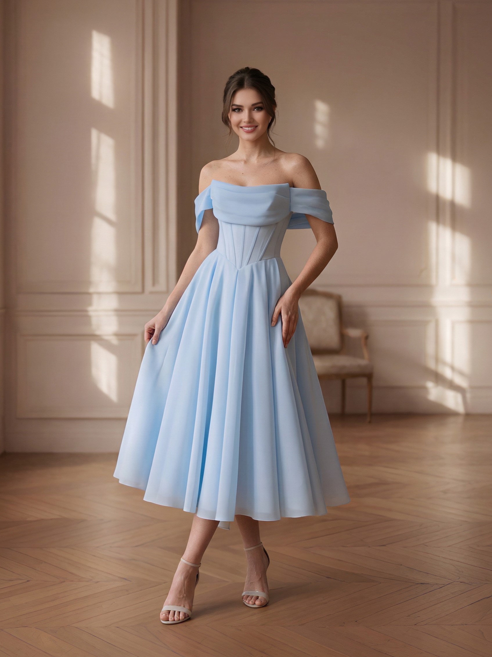 Голубое платье со спущенными плечами а-силуэт