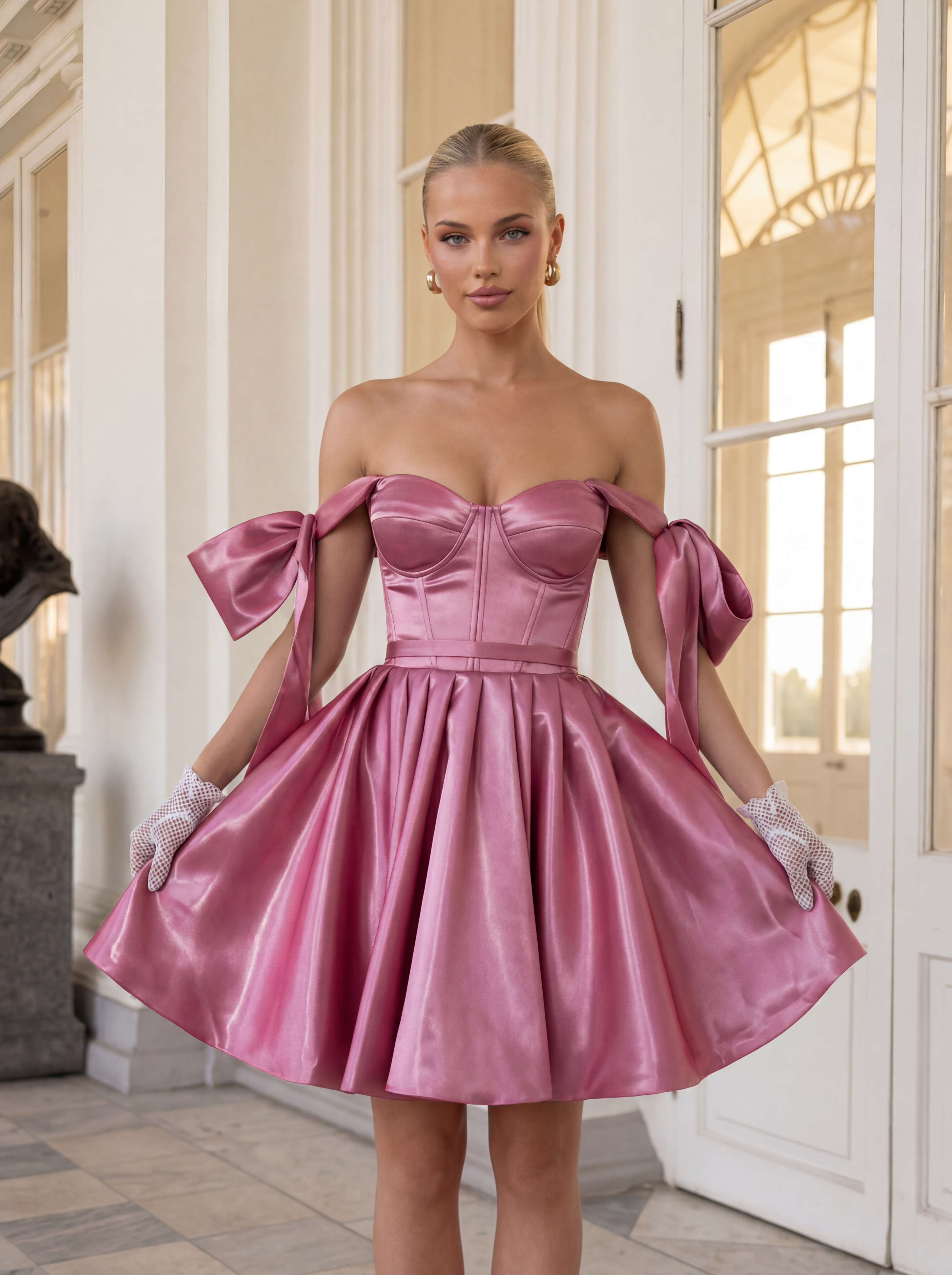 Розовое платье мини зеркальная органза  с открытыми плечами и объемными бантами на рукавах