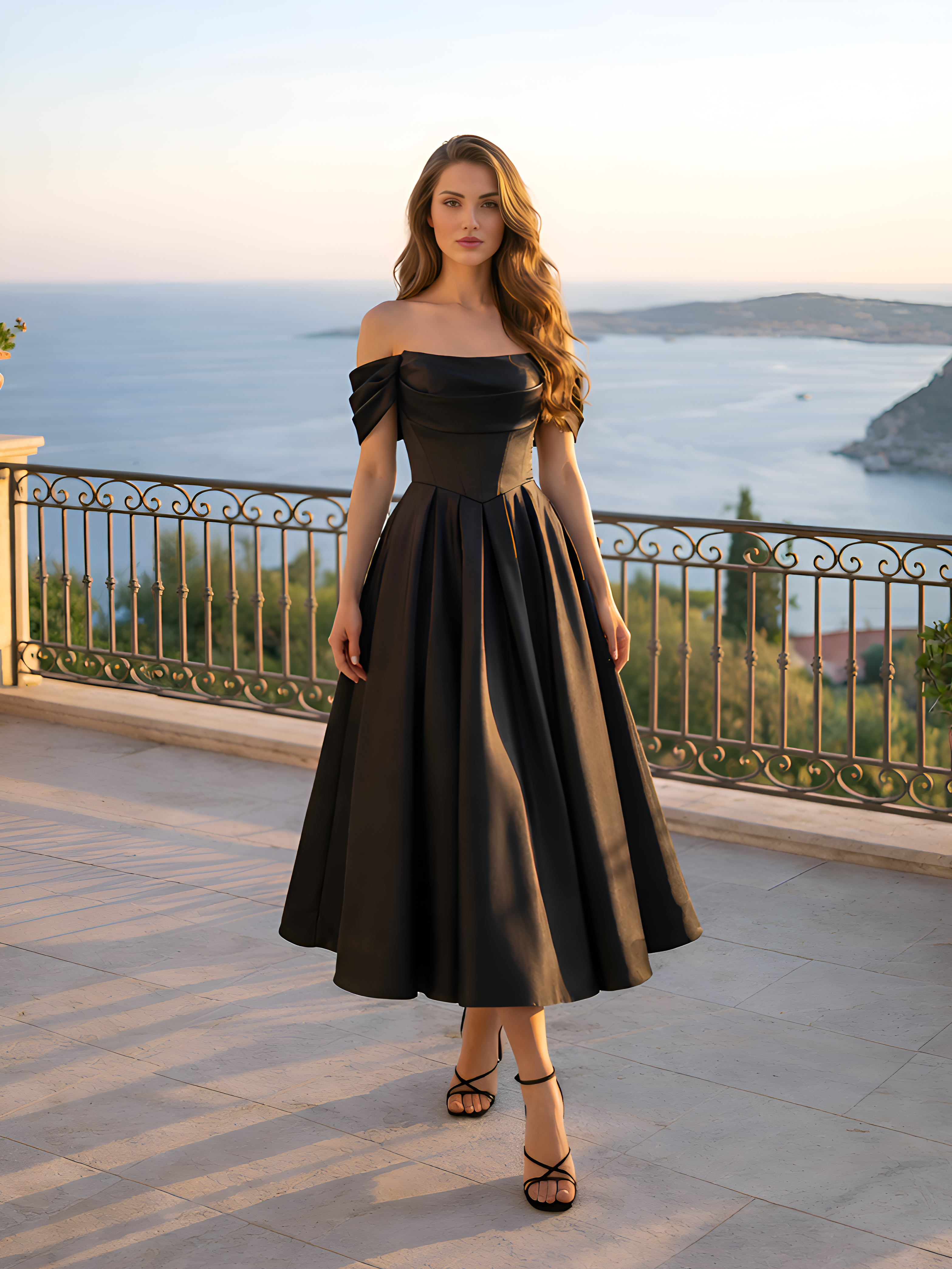 Черное платье со спущенными плечами а-силуэт