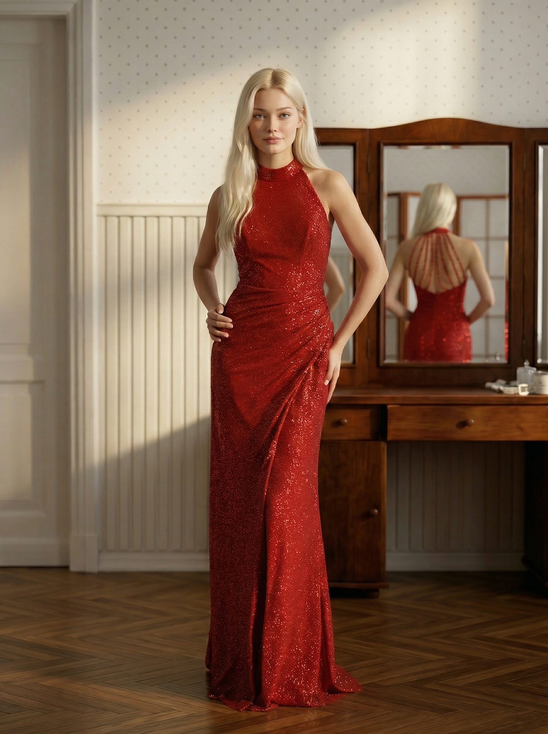 Красное вечернее платье с разрезом и высоким воротом