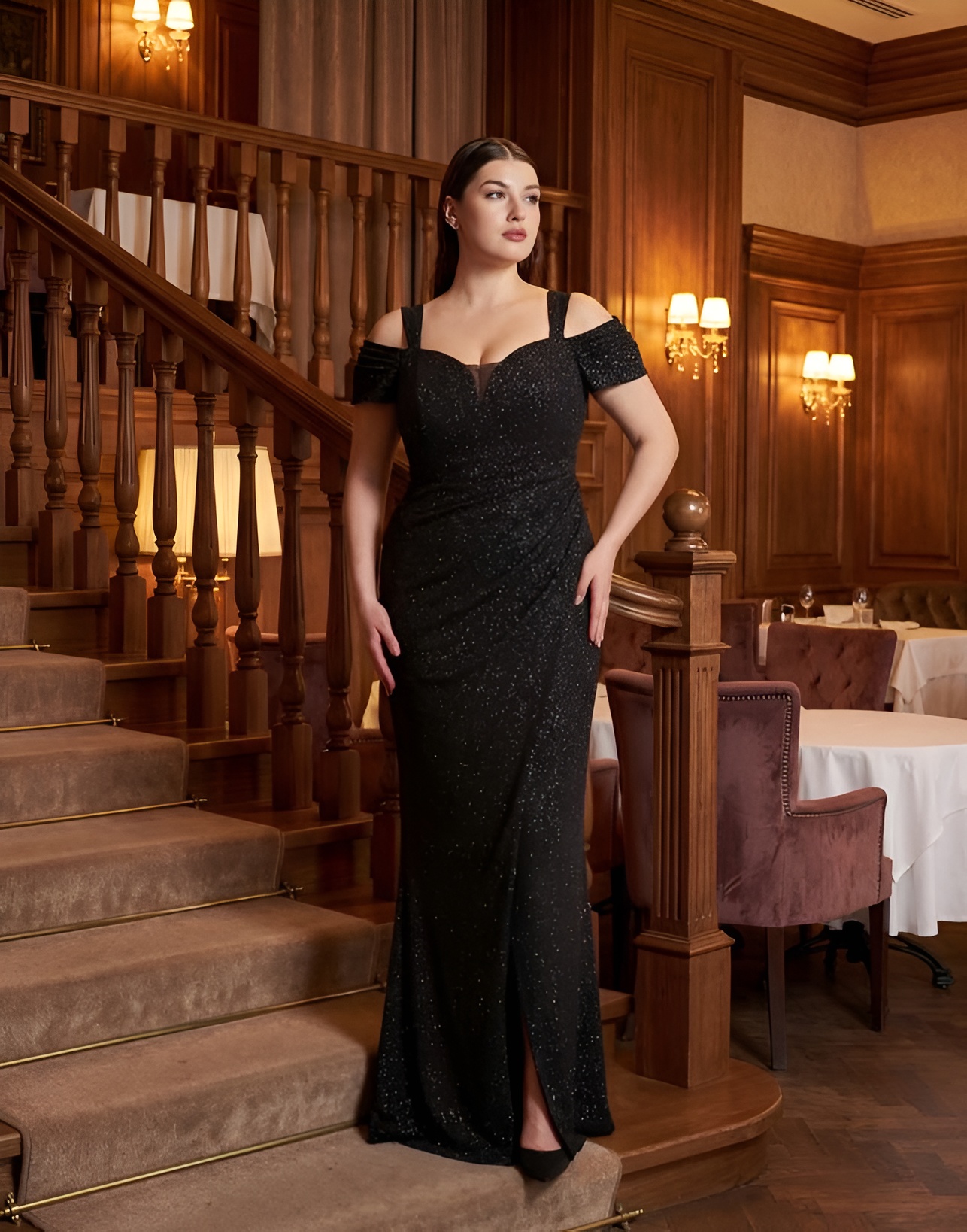 Черное блестящее платье со спущенными плечами и разрезом на ноге