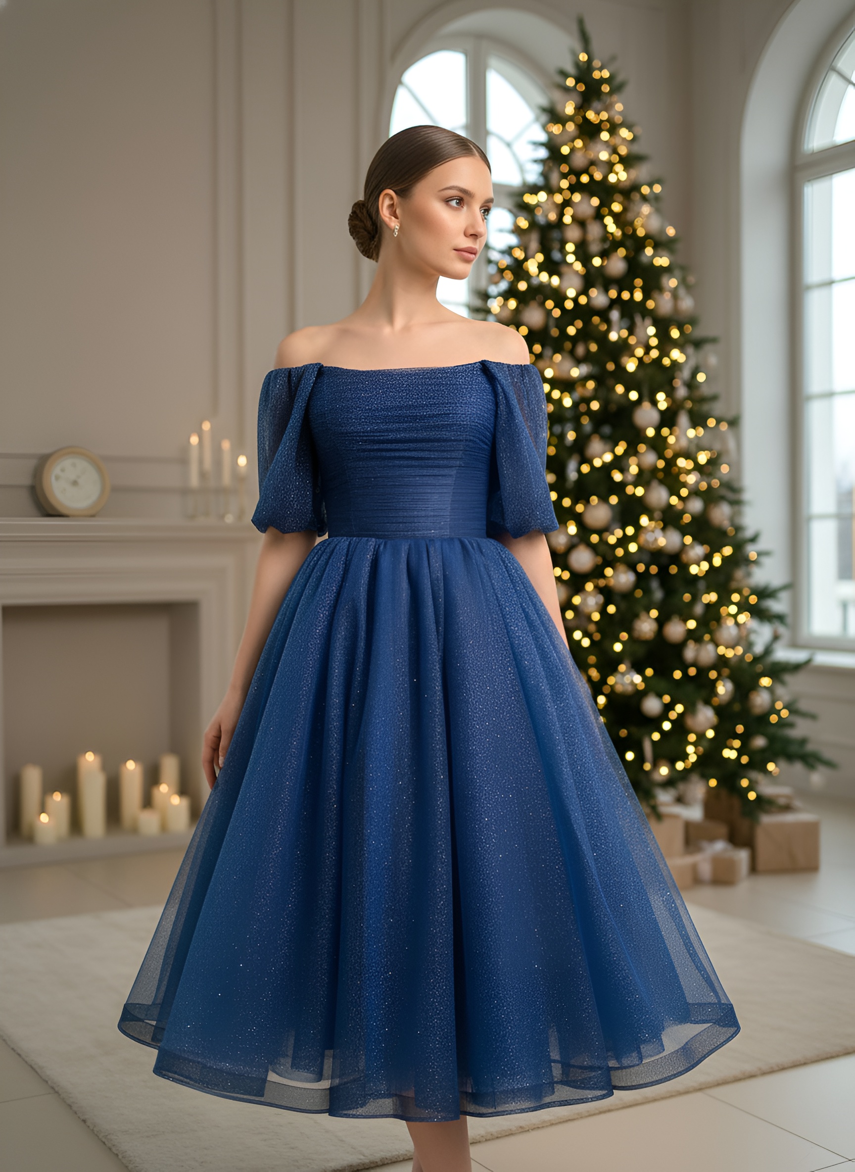 Синее блестящее платье миди со спущенными плечами