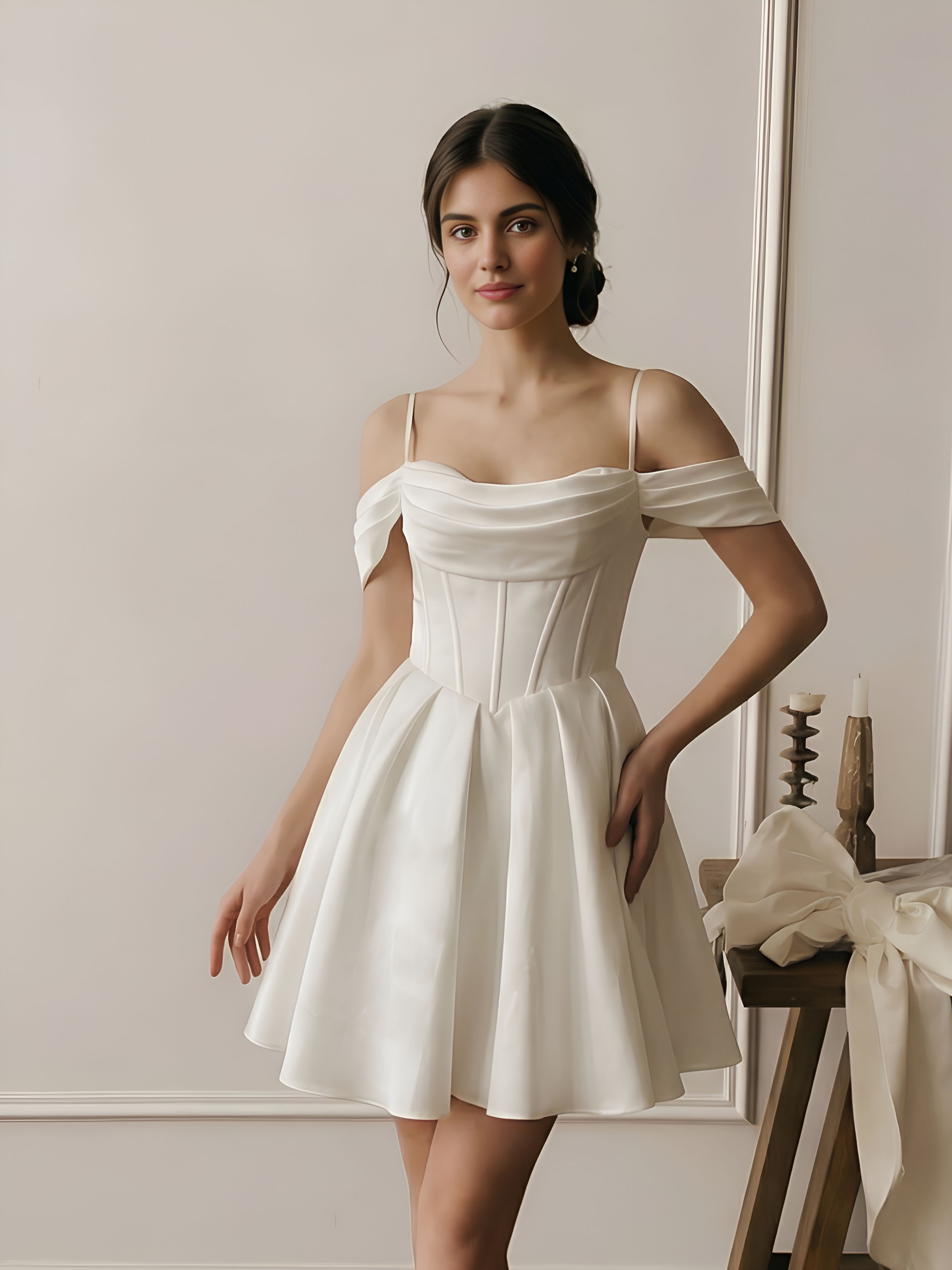 Белое атласное мини-платье на тонких бретелях со спущенными рукавами-крылышками