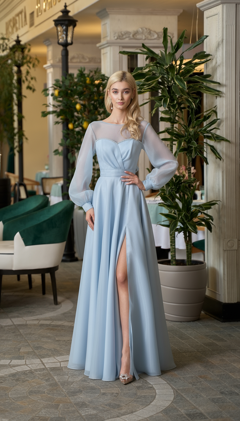 Голубое платье из органзы с длинными рукавами и разрезом на ноге