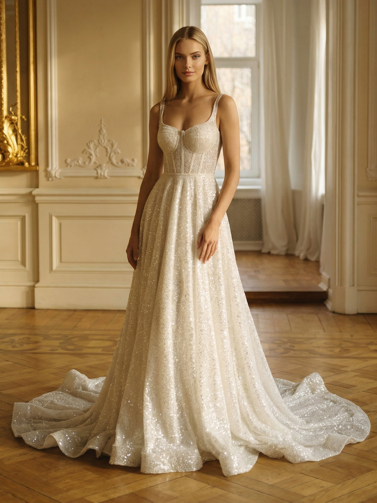 Золотое вечернее платье со шлейфом