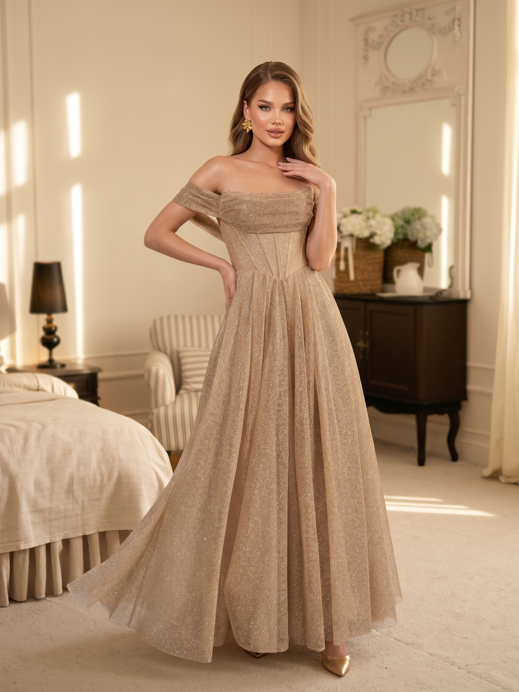 Золотое блестящее платье макси с корсетным лифом и открытыми плечами