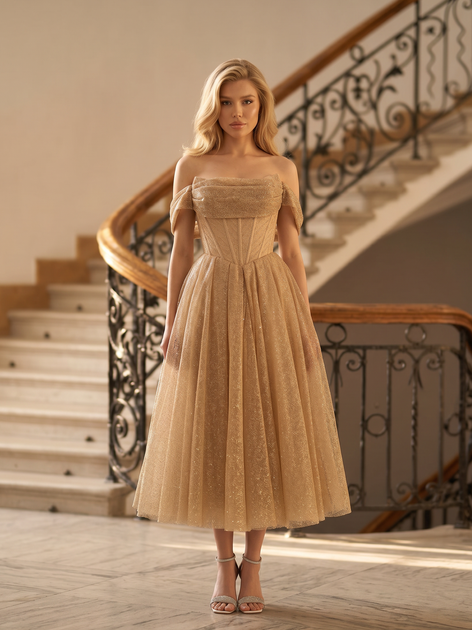 Золотое блестящее платье миди с открытыми плечами и пышной юбкой