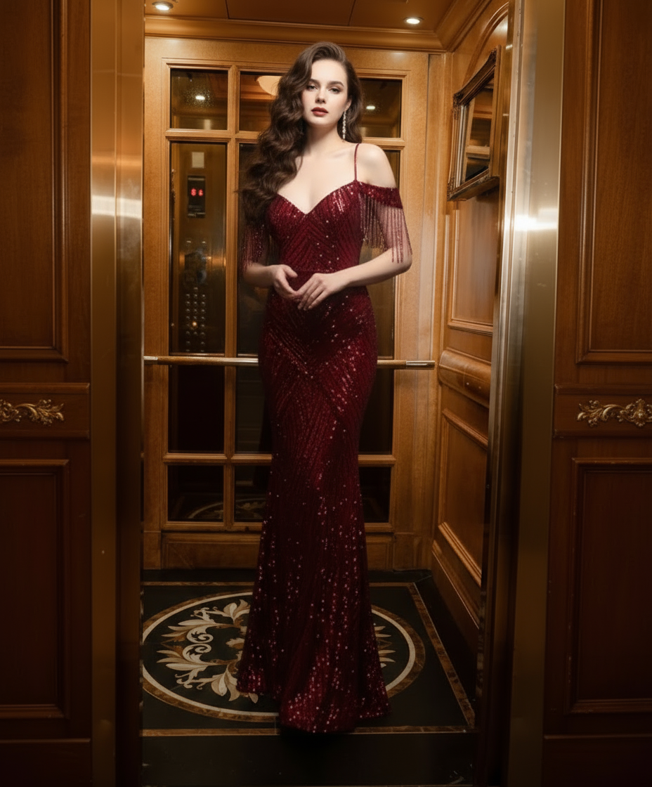 Бордовое платье из пайеток со спущенными плечами и бусинами