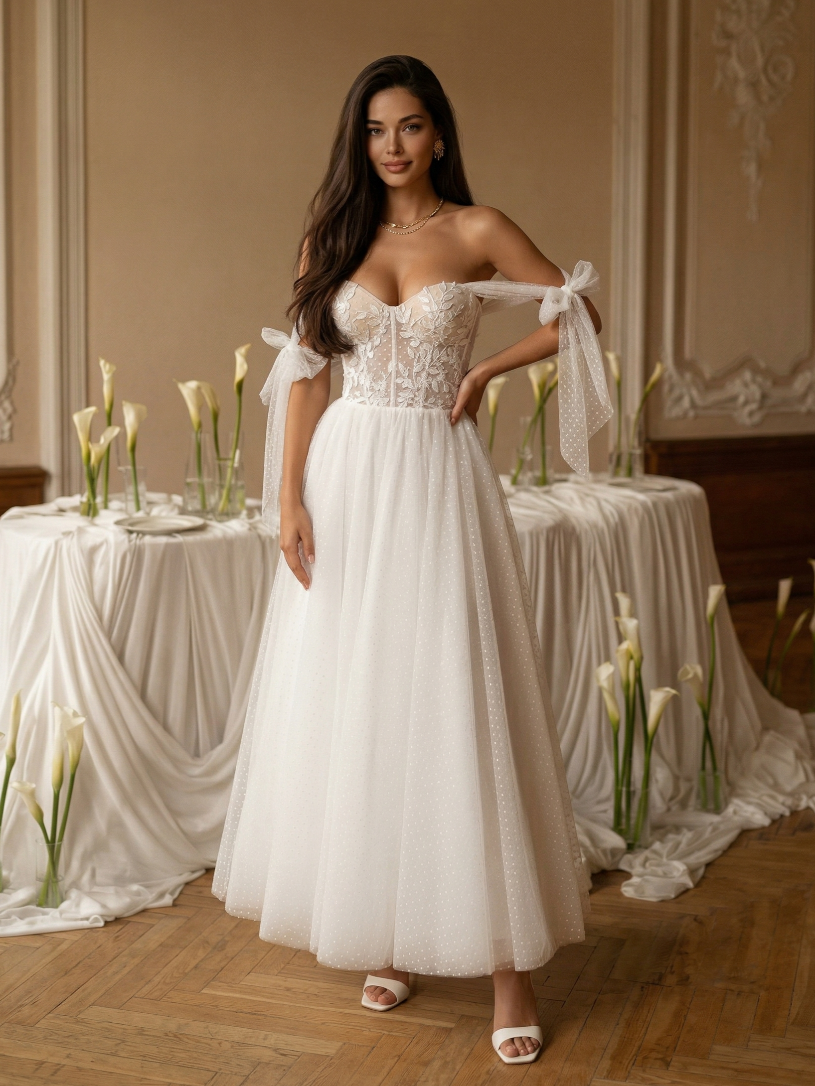 Белое платье миди А-силуэта с кружевным корсетом и воздушными рукавами-бантами