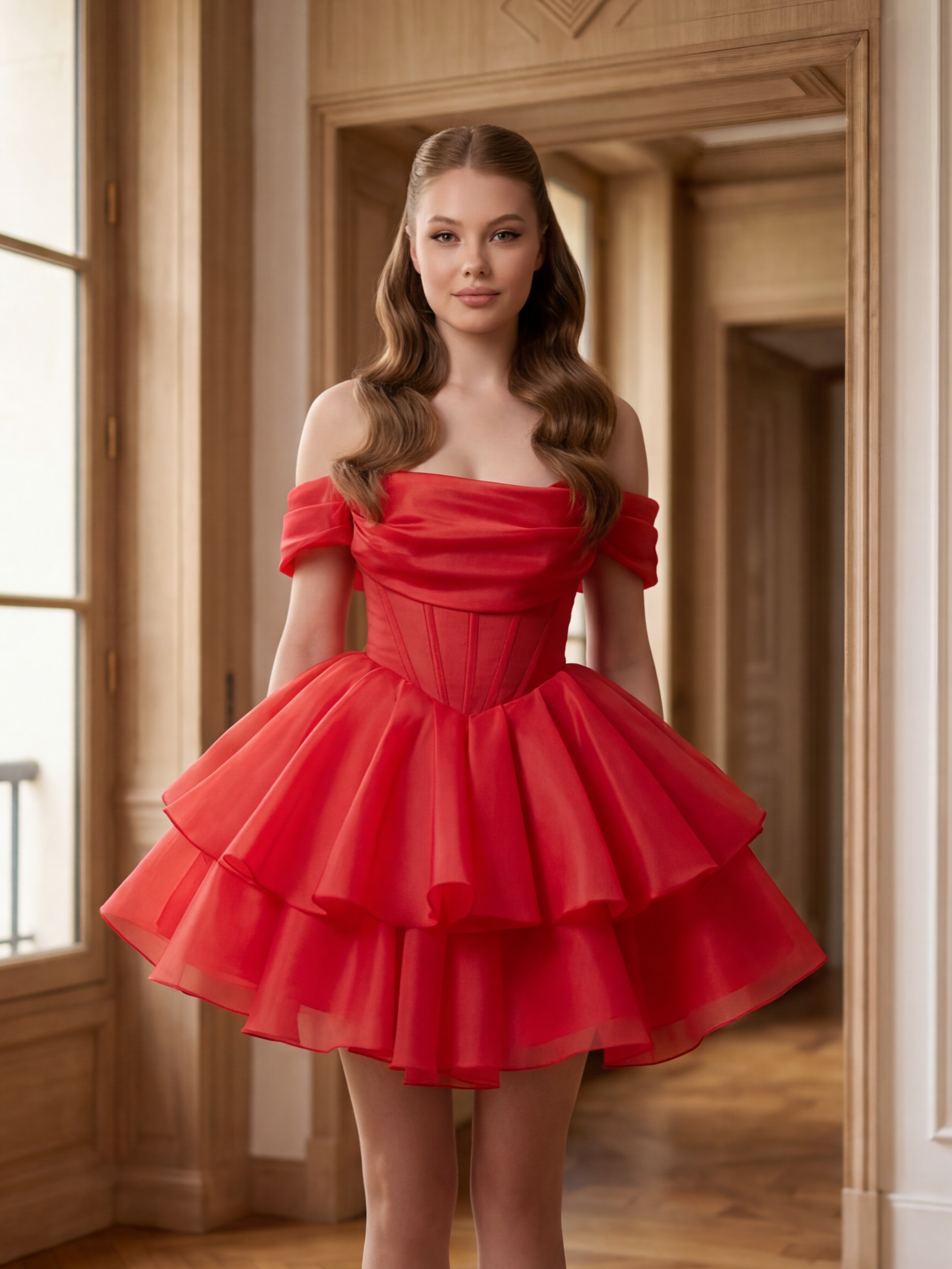 Красное пышное мини-платье с многослойной юбкой и открытыми плечами