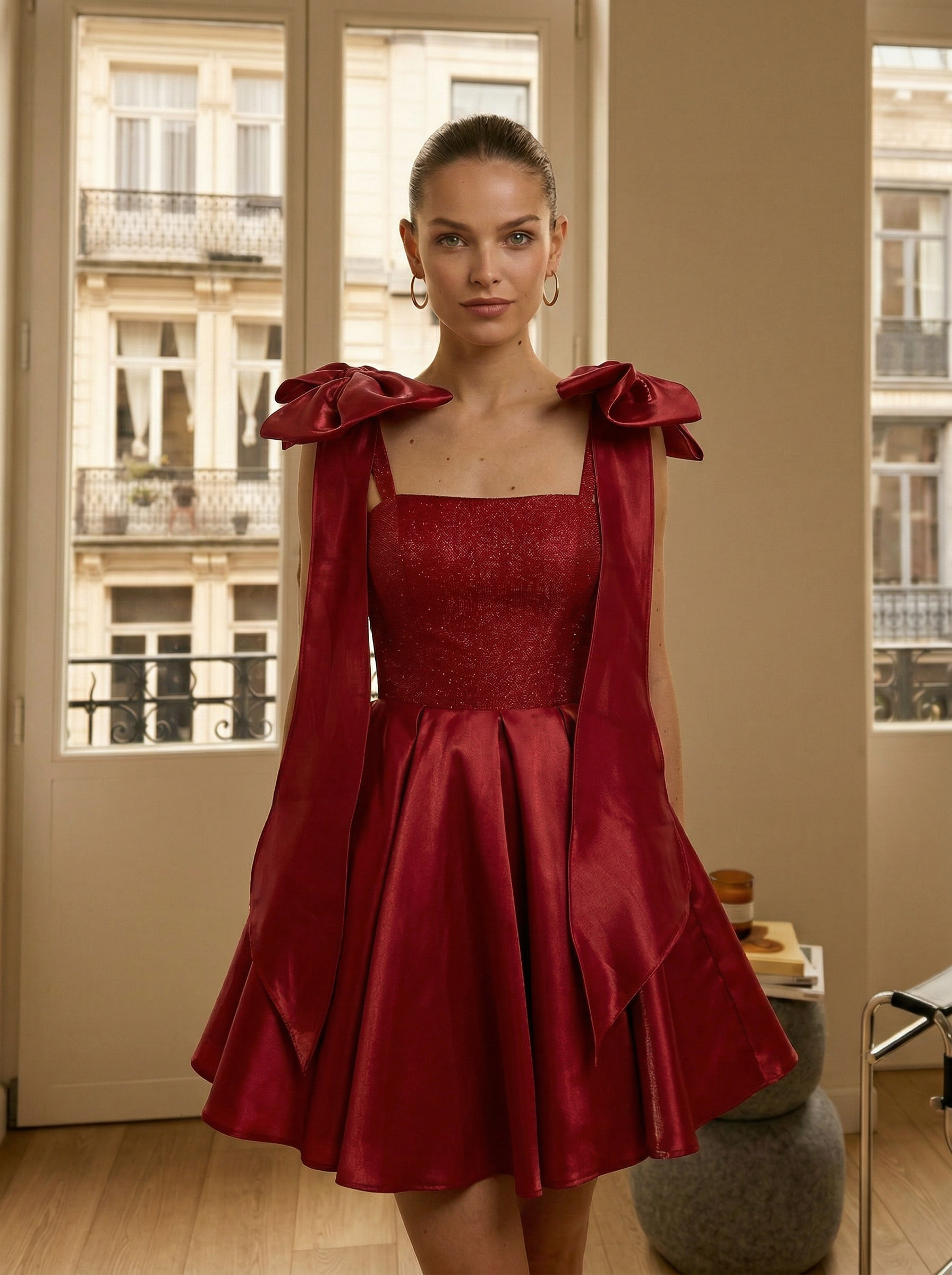 Красное платье мини с бантами и блестящим корсетом