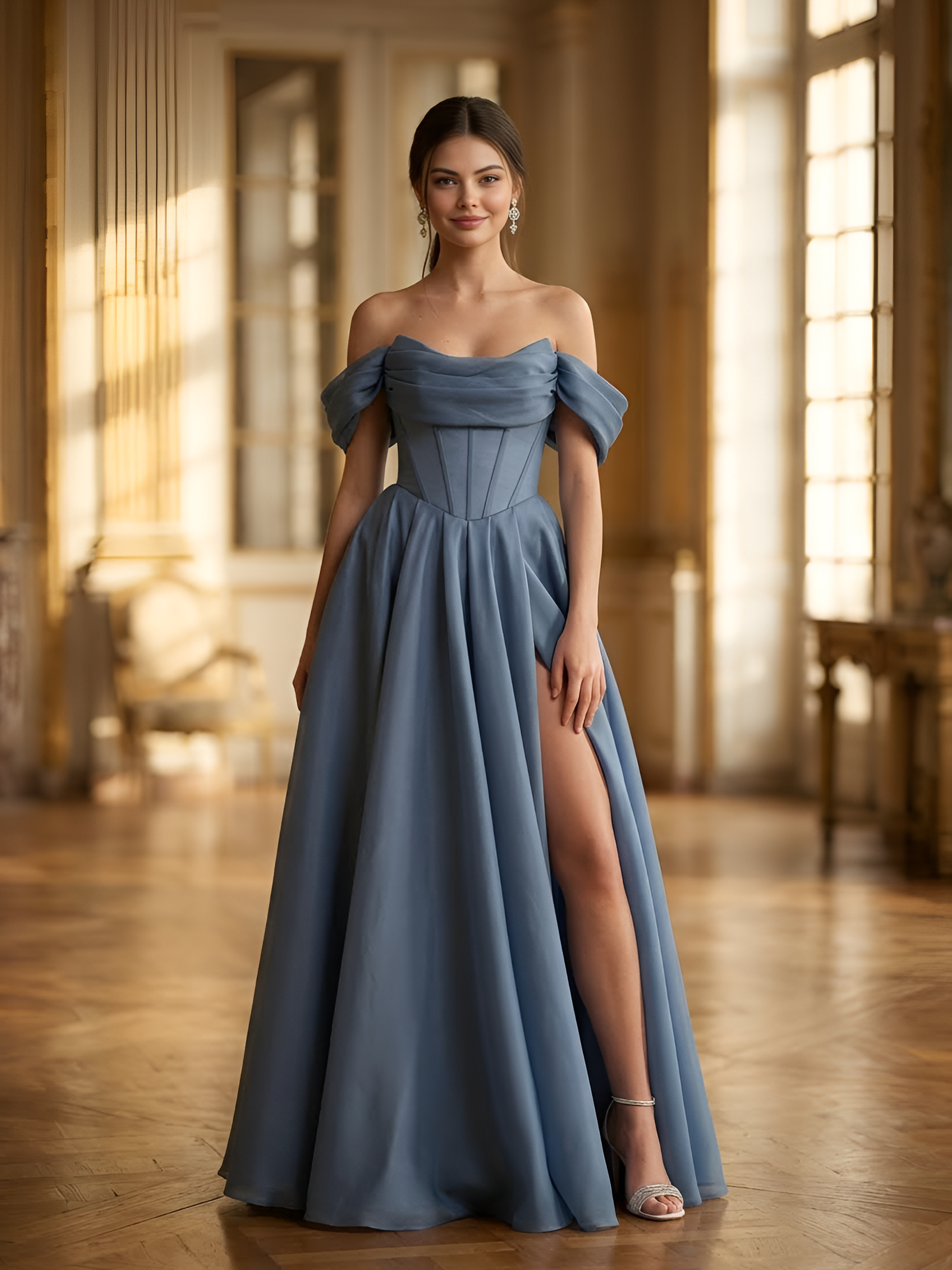 Синее платье со спущенными плечами и разрезом на ноге а-силуэт