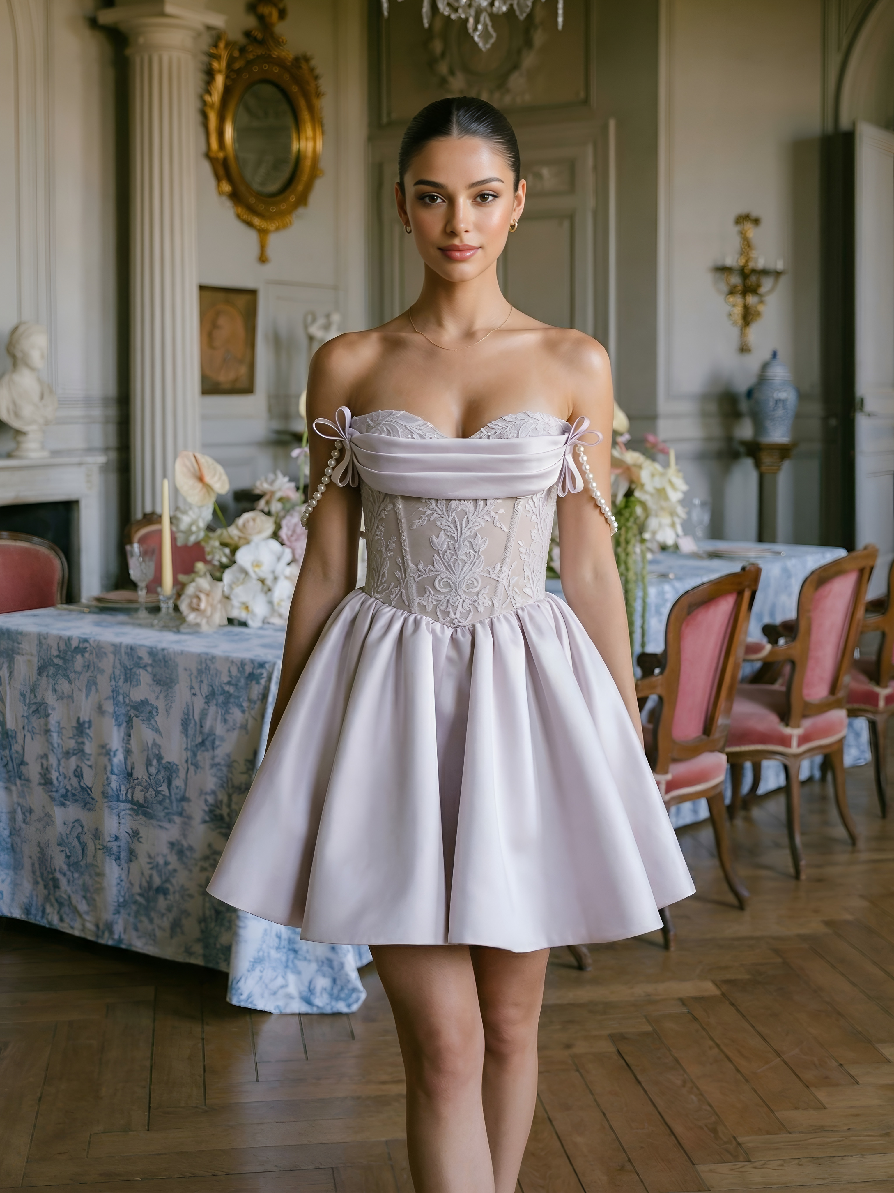 Пудровое корсетное мини-платье с кружевной отделкой и жемчужными бретелями.