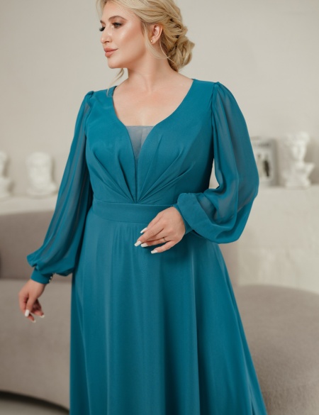 Шифоновое платье с длинными рукавами и декольте - Морская волна