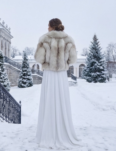 Шубка (болеро) из песца с чёрными атласными лентами