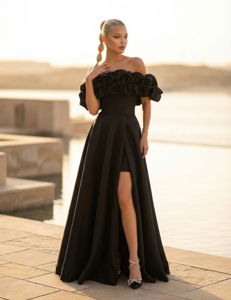 Чёрное платье трансформер из органзы с оборкой