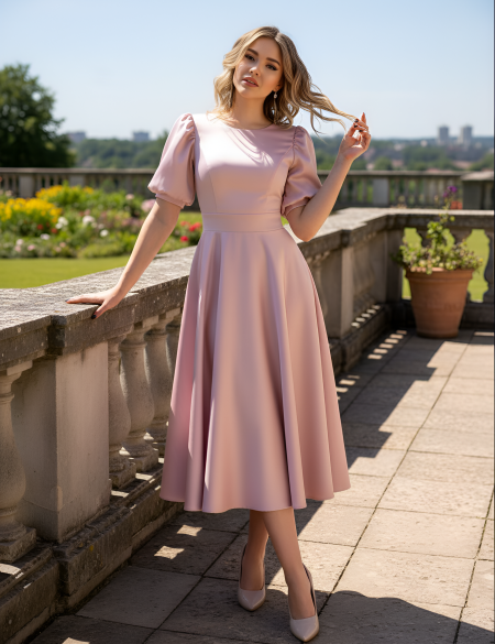 Розовое атласное платье с рукавами фонариками