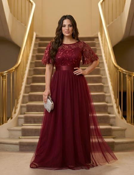 Бордовое фатиновое платье с рукавами крыло, верх декорирован пайетками