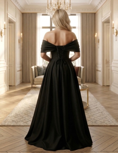 Чёрное  платье из органзы с объемными спущенными плечами