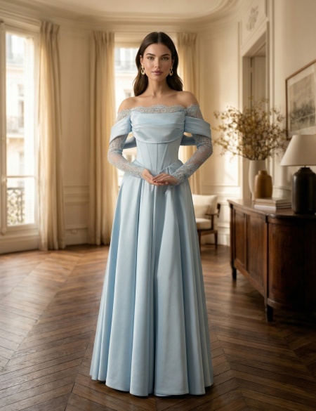 Голубое платье макси с открытыми плечами и рукавами