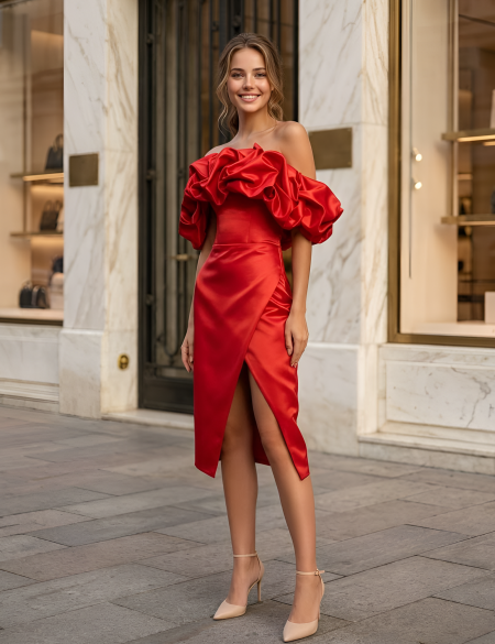 Красное платье миди с разрезом на ноге и оборкой