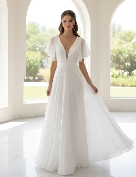 Белое платье из органзы с открытой спиной и рукавами крыло