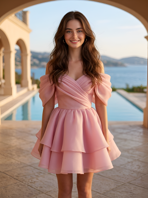 Лиловое платье мини из органзы с пышной юбкой