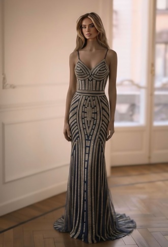 Сине-золотое платье по фигуре из страз на бретельках со шлейфом